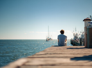 Fototapeta premium Young person sits on a wooden pier, enjoying the calm sea and clear skies during a sunny day by the water Generative AI