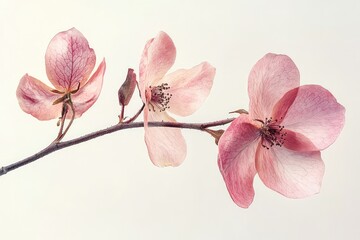 Delicate pink rose blossoms on a stem, isolated against a clear background