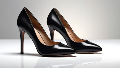 Two elegant black high-heeled pumps sit on a reflective surface, showcasing smooth leather and pointed toes.