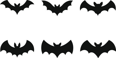 Set of 6 Black Halloween Bat Silhouette Icons on White Background – Vector Illustration for Spooky Holiday Designs, Party Decor, and Seasonal Graphics