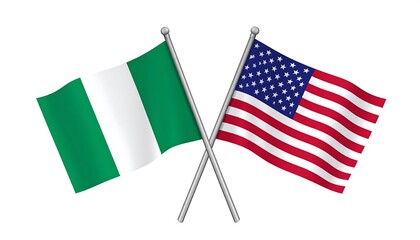 Crossed flags of Nigeria and the United States displayed against a white background.