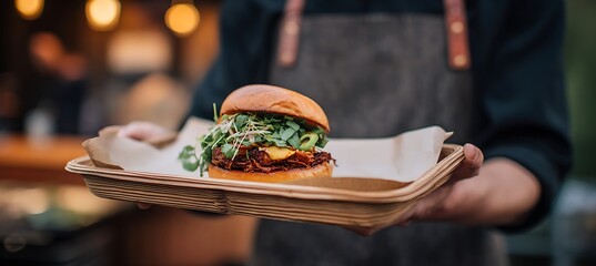 Delicious gourmet burger on tray ready to serve food photography and restaurant menu promotion content creation