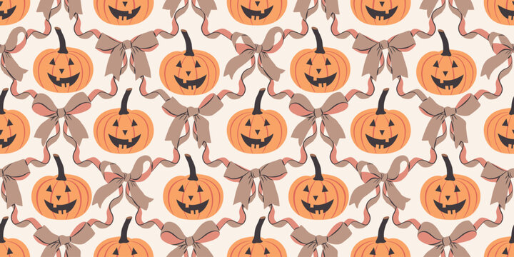 Halloween seamless pattern. Vector illustration of Halloween party. Cute pumpkins and bows on light background. Holiday cartoon Illustration