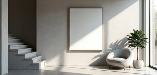 Modern minimalist interior lobby with staircase, empty picture frame on wall, and armchair next to potted plant. Bright sunlight streams through large window.