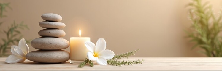 Obraz premium Stack of smooth grey stones balances next to lit candle and white plumeria flower. Soft plant leaves add serenity to spa scene. Gentle lighting creates peaceful ambiance.