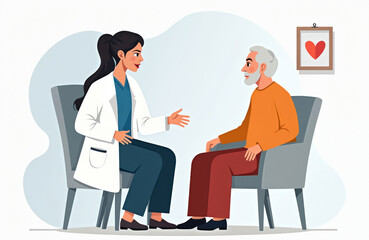 Fototapeta premium Doctor talks to elderly patient in clinic office. Woman in lab coat sits in chair opposite senior man. Medical checkup, healthcare consultation, patient care, doctor-patient relationship, senior