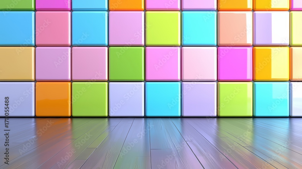 Poster colorful wall of blocks with a wooden floor in the background. the blocks are arranged in a rainbow 