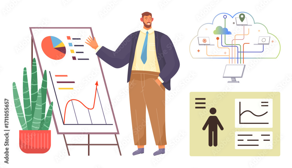 Poster man in formal attire presenting graphs and analytics on a board, cloud computing with data connectio