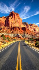 A winding asphalt road stretches through a vibrant landscape of red rock formations under a vast, cerulean sky.
