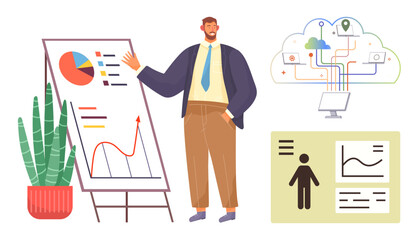 Man in formal attire presenting graphs and analytics on a board, cloud computing with data connections, and digital profiles. Ideal for business strategy, analytics, technology, teamwork, innovation