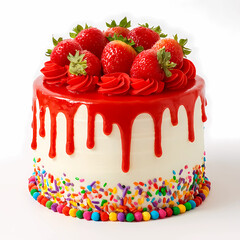 Strawberry Drip Cake with Fresh Berries and Candy &ndash; Festive Dessert on White Background