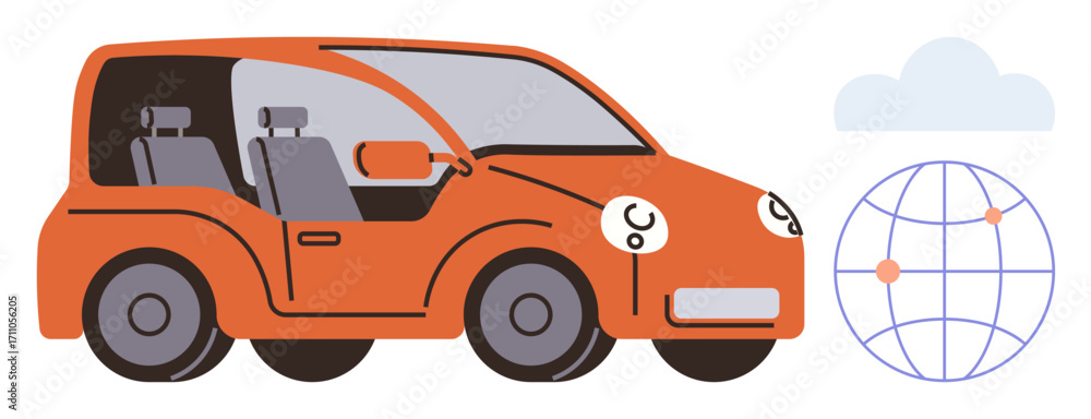 Poster red-orange compact car beside a globe with connectivity points and a soft cloud. ideal for automatio