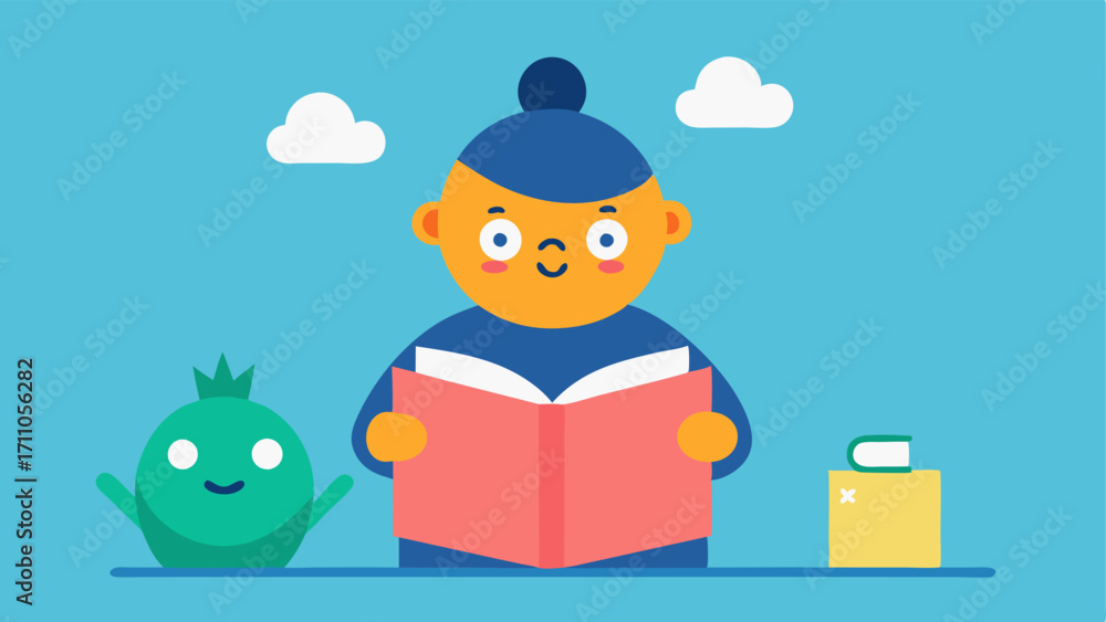 Poster animated book characters a character with a disability animatedly reading a story with playful anima