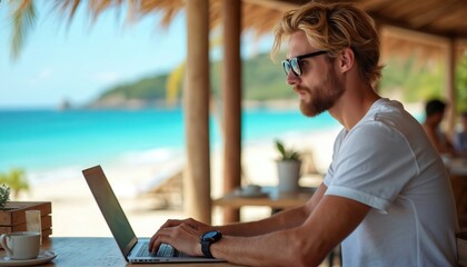 Man works on laptop at beach cafe. Guy types on computer near sea view. Male freelancer works remotely. Digital nomad types on keyboard. Person works during summer vacation at ocean.