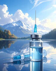 A tranquil scene depicting a vial of medicine and syringe against a backdrop of mountains and a serene lake.