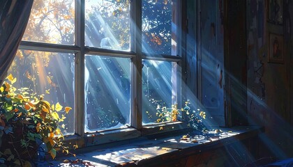 Sunlight streams through a weathered window, illuminating a room filled with autumnal hues and a sense of quiet solitude.