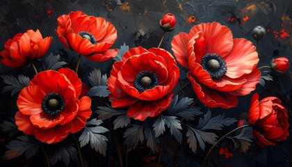 Vibrant red poppies, meticulously detailed and arranged in a dark, textured setting, exude a dramatic floral composition.