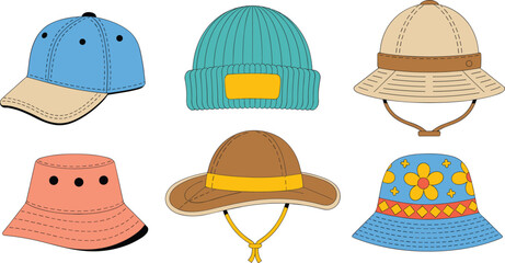 
Cute Set of Various Hats and Caps, Including Baseball, Beanie, Bucket, and Safari Styles, Isolated on White for Children's Apparel