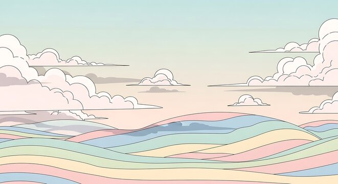 Pastel colored rolling hills under a cloudy sky clouds landscape
