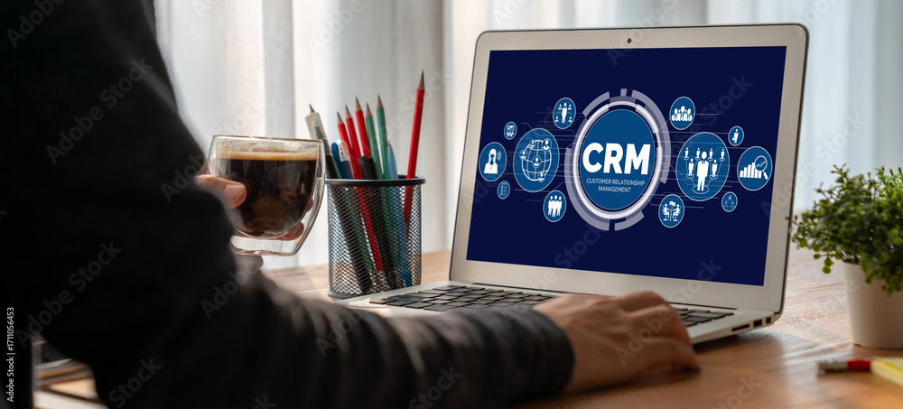 Poster customer relationship management system on modish computer for crm business and enterprise