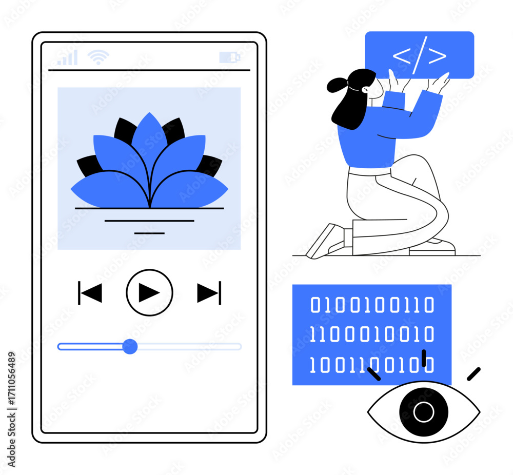 Poster mobile app screen with meditation graphic, play controls, woman writing code, binary code, and eye i