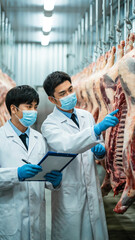Asian workers in protective uniforms inspecting meat for viruses and infection risks in cold storage, concept of disease control