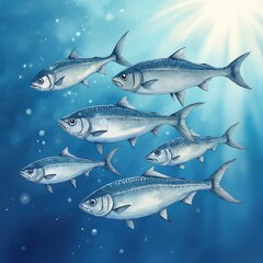 School of mackerel fish swim together in clear blue ocean water. Sunlight shines from above illuminating the sleek silver bodies of the schooling fish. Underwater scene with aquatic life.