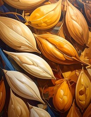 A detailed close-up view of textured, organic forms in warm golden and creamy tones, showcasing intricate patterns and a rich, layered composition.