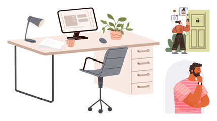Desk setup with a computer, lamp, plant, cup, and papers. Person locking a door and another reflecting with hand on chin. Ideal for security, productivity, decision-making mindfulness workplace