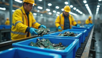 Workers in yellow vests, hard hats sort electronic components on conveyor belt in recycling plant. Blue bins hold circuit boards, computer parts for material recovery. Shows process for handling