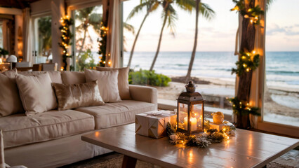Cream sofa in Caribbean villa, golden sunset, silver lantern with candle, wrapped gifts, pine sprigs, warm fairy lights, festive tropical holiday, cozy atmosphere, concept of New Year travel