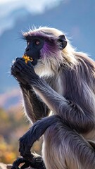 Close-up of a langur monkey, with vibrant colors and details, consuming food in a natural setting.