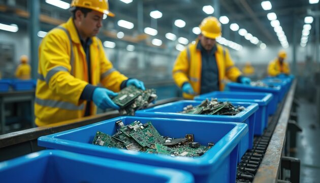 Workers in yellow vests, hard hats sort electronic components on conveyor belt in recycling plant. Blue bins hold circuit boards, computer parts for material recovery. Shows process for handling - Powered by Adobe