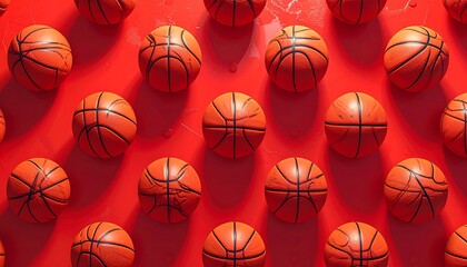 A vibrant arrangement of worn basketballs, displayed against a bold red backdrop, highlights a captivating pattern and texture.