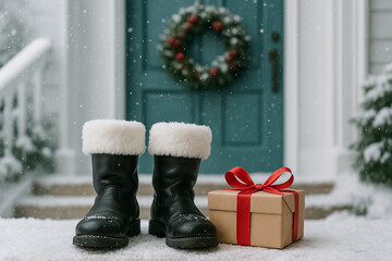 Santa's boots by the door with gift and festive wreath in snowy scene. concept of christmas eve, holiday anticipation, winter decoration. illustration.