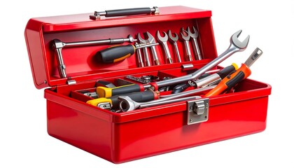 A full red toolbox overflowing with various tools, showcasing a comprehensive collection of repair and maintenance instruments.