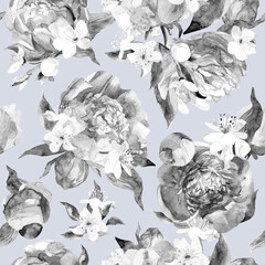Botanical seamless pattern with abstract flowers and peony sulhouettes for textiles. High quality illustration