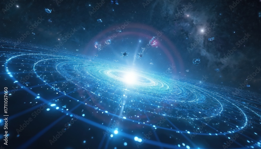Poster digital illustration shows a vibrant cosmic scene with a glowing core and concentric circles. space 