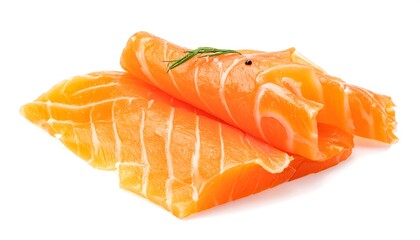 Two slices of smoked salmon, delicately arranged, exhibit vibrant orange hues and are garnished with fresh dill and pepper, against a pure white backdrop.