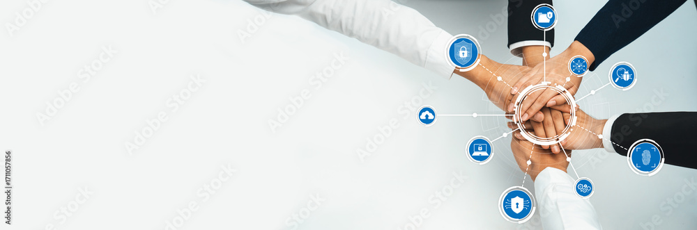 Poster hands joining together in unity with security icons and digital network symbols representing collabo