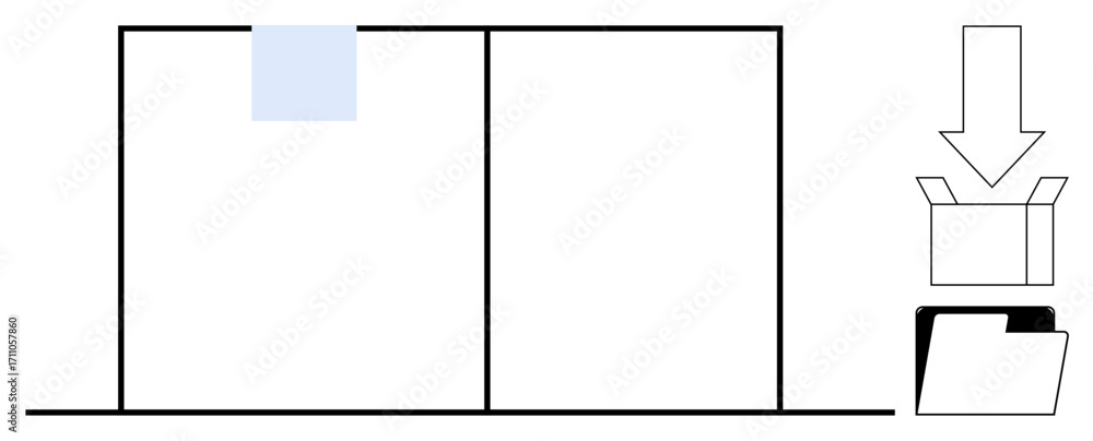 Aufkleber minimal design showcasing a folder, open box, and file storage visuals with arrows indicating organi