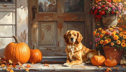 Golden retriever resting on a porch, surrounded by pumpkins and vibrant fall flowers, bathed in warm sunlight.