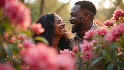 Young Black couple smiles at each other in a vibrant garden full of pink flowers. They look happy and in love surrounded by nature during a sunny day photoshoot.