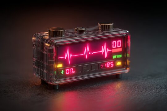 A futuristic medical heart rate monitor displays vital signs with a glowing pink heartbeat signal, against a dark background with vintage design elements.