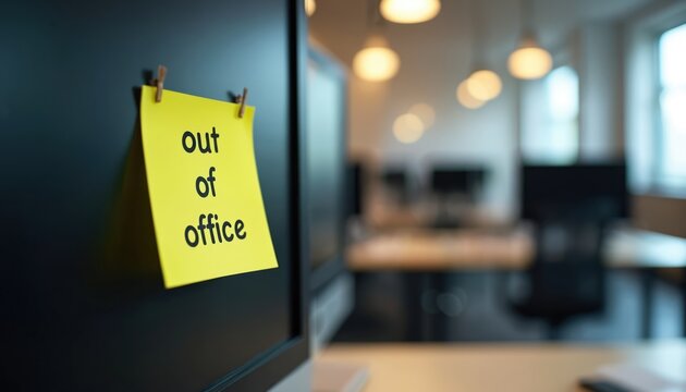 Yellow out of office note on desktop computer screen. Hangs on monitor in empty modern workplace setting. Employee absence vacation indicated by reminder. Business concept for work break, holidays,