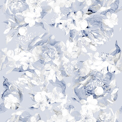 Seamless watercolor pattern with delicate peonies in monochrome blue shades. High quality illustration