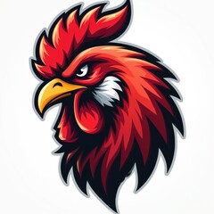 Obraz premium Fierce red rooster head logo illustration. Angry bird mascot with a strong look. Graphic visual animal for sport team, gaming, chicken food business emblem brand identity template.