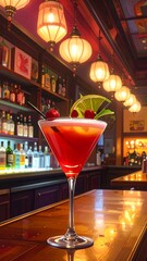 A vibrant cocktail garnished with cherries and lime, sits atop a polished wooden bar in a dimly lit, elegant bar.