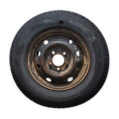 A rusty, vintage-style tire and wheel assembly, displayed against a plain white background, showcasing the aged, weathered appearance of the metal rim.