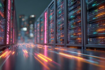 A vibrant depiction of a data center server room with glowing lights and blurred city background, creating a futuristic and dynamic atmosphere with high technology.